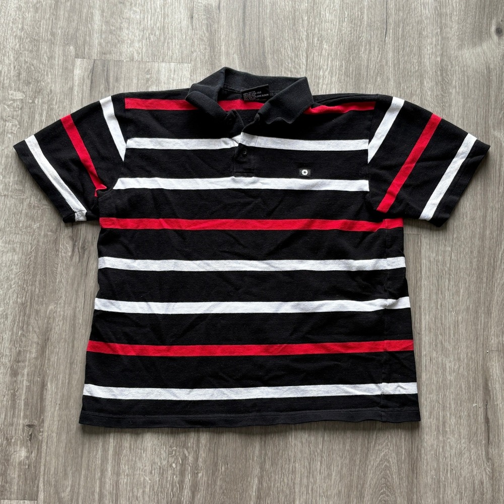 Vtg South Pole Kids Boys L 16-18 Striped Polo Shirt Black Red White Short Sleeve